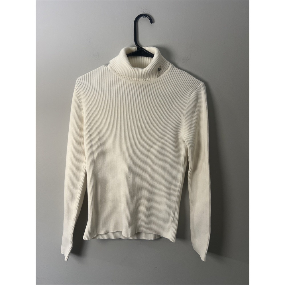 Lauren Ralph Lauren Womens Cream Petite Ribbed Knit Turtleneck Sweater Sz L